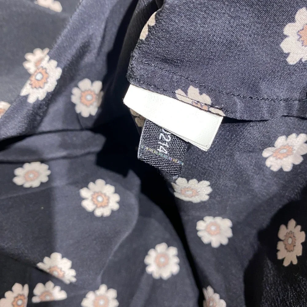 Kate Spade Ditsy Floral Pintuck Pleats Daisy Crochet Trim Popover Silk Black XS
